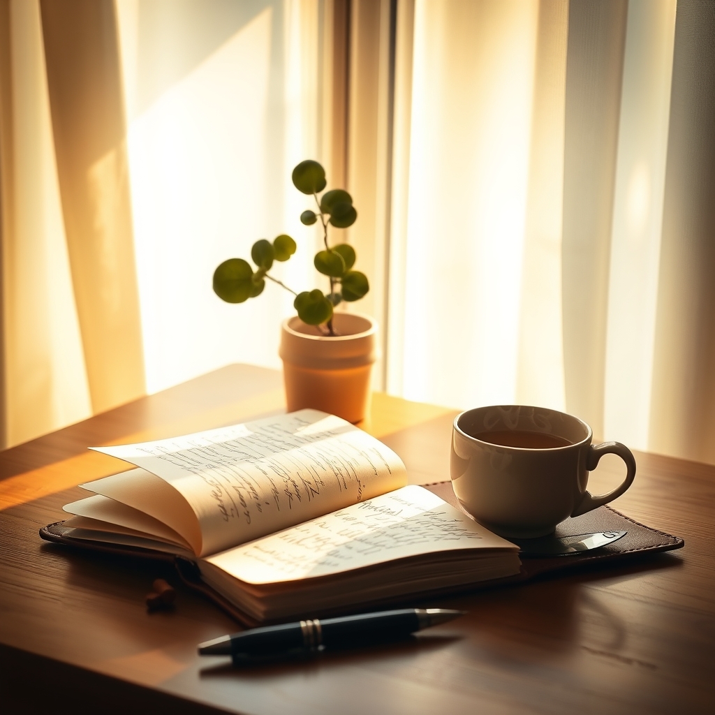 Notebook, tea, and plants by a window